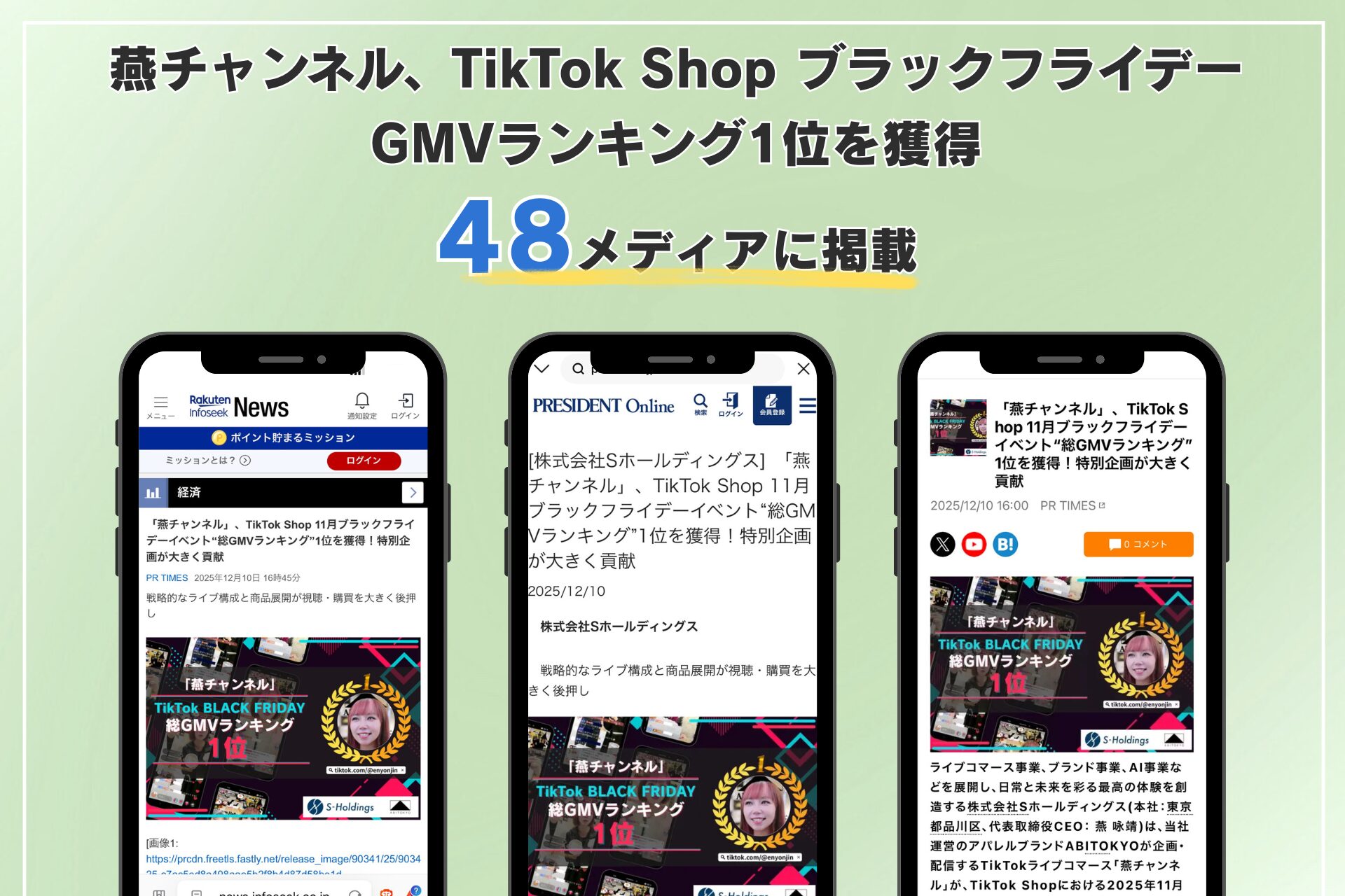 「燕チャンネル」、TikTok Shop ブラックフライデー 総GMVランキング1位獲得 に関する記事が48メディアに掲載されました